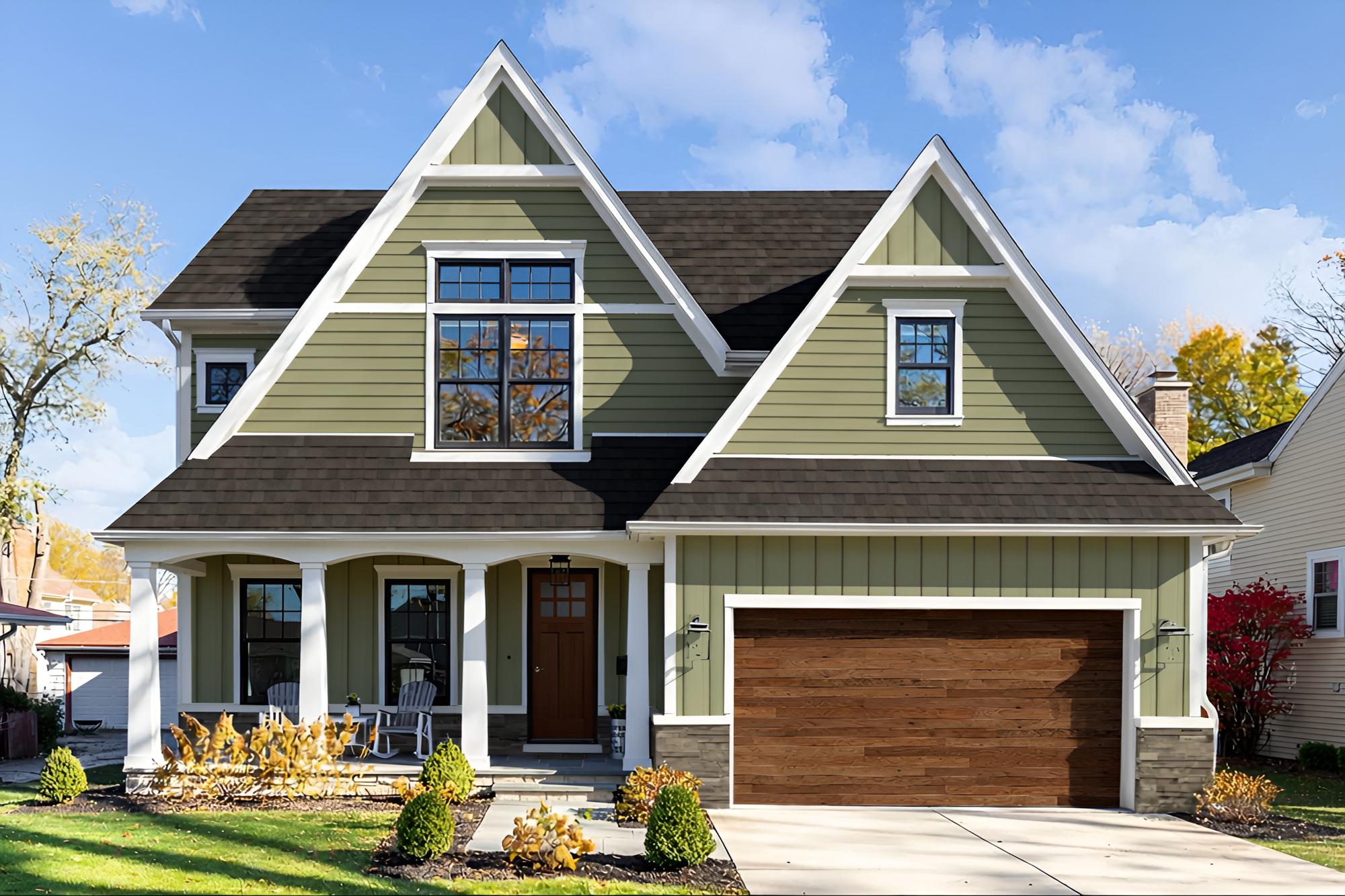 Home exterior after renovation — sage green siding with Renoworks Image Enhance applied